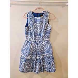 Taylor Brand Blue White Cotton Dress Pockets Fit Flare Womens Size 4 Preppy Twee